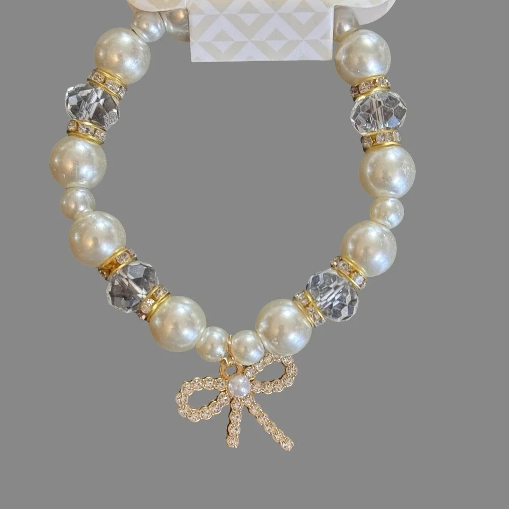 D'Bello White Pearl Beaded Stretch Charm Bracelet‎ Rhinestone Womens Jewelry NEW